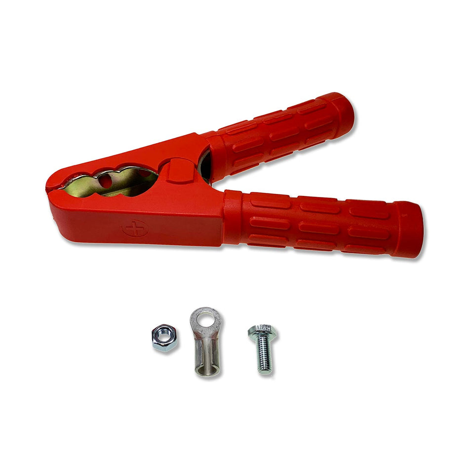 Red 100 amp Heavy Duty Crocodile Clip, 183mm long, plated steel, with a 40mm jaw opening, includes terminal, nut, bolt, and red plastic cover.