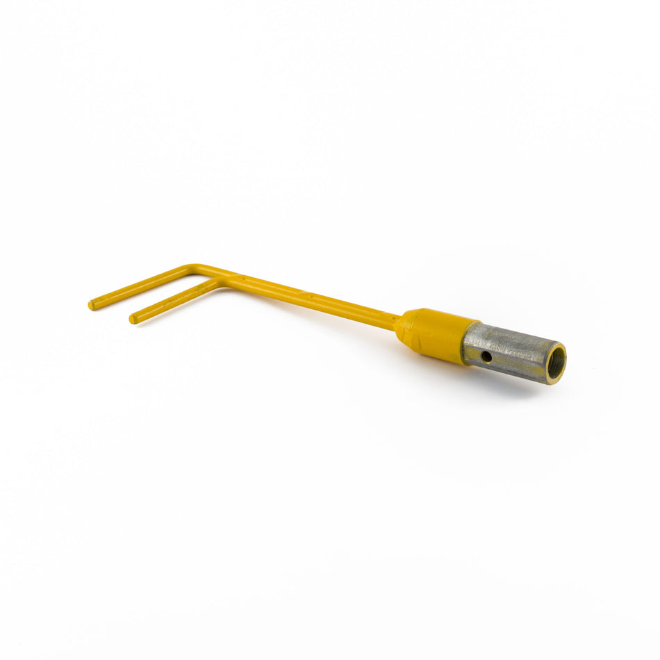 Mounty Fork adaptor for retrieving, adjusting, and placing ratchet straps, featuring a yellow and silver design.