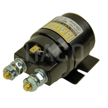 Starter Solenoid 12V 200 Amp HACO with metal bolts and yellow label, designed for Zepro & Bar Cargo, featuring silver contacts and a one-year warranty.