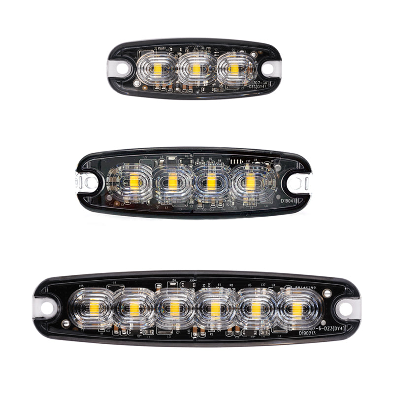 Ultra Thin Directional Strobe Warning Light with 3, 4, or 6 LED options, featuring powerful 5W LEDs and up to 26 flash patterns.