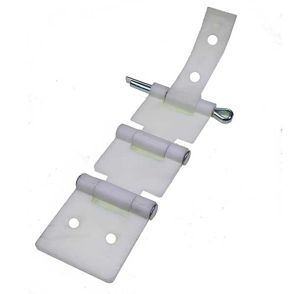 3 Piece Top Bracket for curtain connection on Dover aluminium shutter doors, featuring a white plastic hinge and strap with metal components.