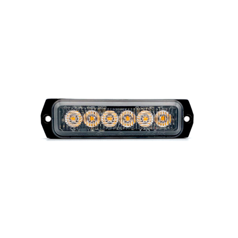 UT Series Amber LED Directional Warning Light, close-up of a headlight, featuring 6 LEDs, dual optic lens, and various flash patterns for commercial vehicle safety.