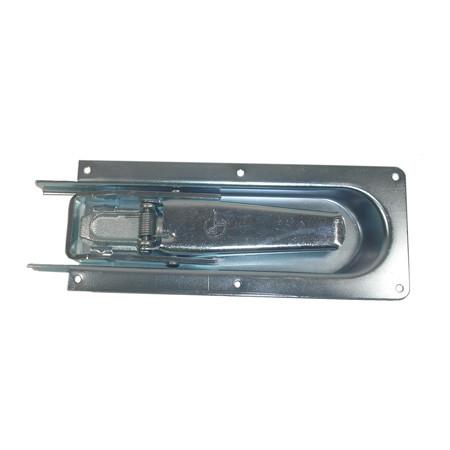 Recessed Overcentre Lock - Zinc Plated, featuring a spring-loaded mechanism and metal handle, designed for secure trailer door locking with precise cut-out and fixing specifications.