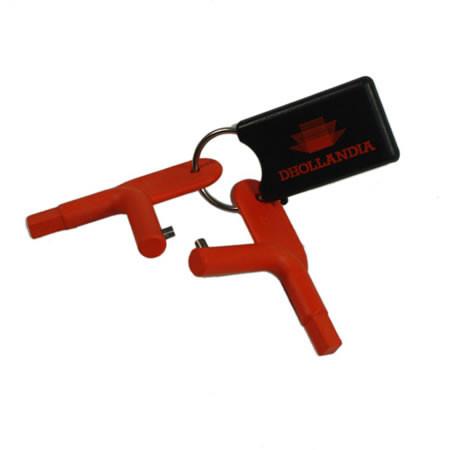 Dhollandia Tail Lift Keys (E0076) close-up, featuring a key chain and metal handle, suitable for Dhollandia tail lift isolation switch, part E0068.