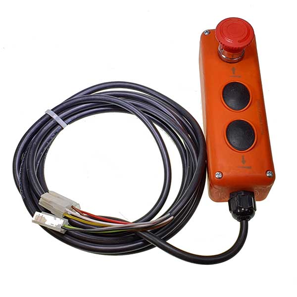 C/Box 2 Button & Emergency Stop with wiring loom, featuring an emergency stop button and two control buttons for commercial trailer applications.