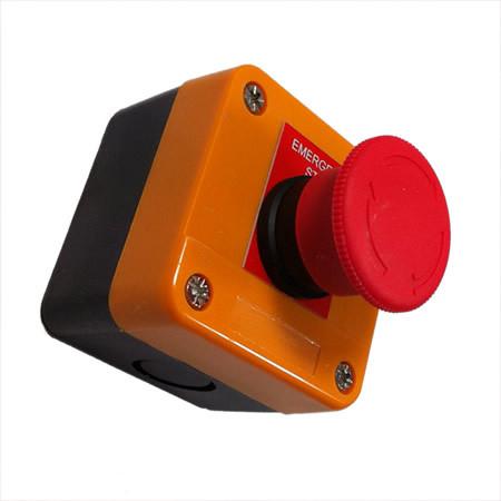 Emergency Stop Button Control (Twist to Release) on a black box, designed for commercial vehicle safety, available at Nationwide Trailer Parts Ltd.