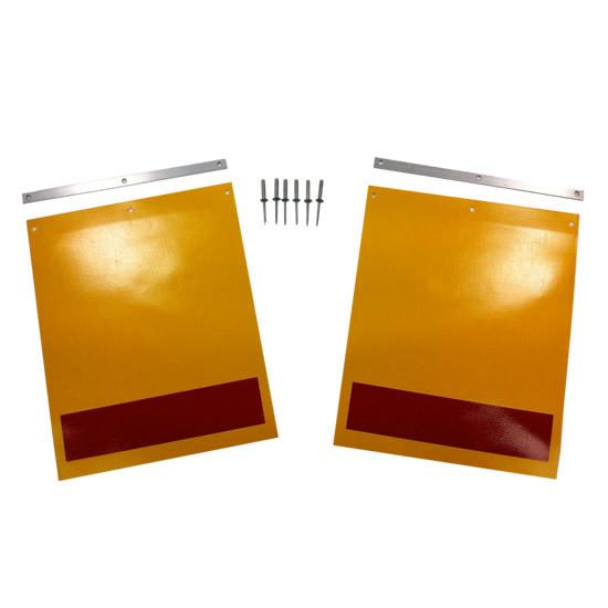 Flag Kit (Pair) for tail lifts, featuring two yellow signs with red stripes, includes fixing bars and rivets, ideal for commercial trailers.