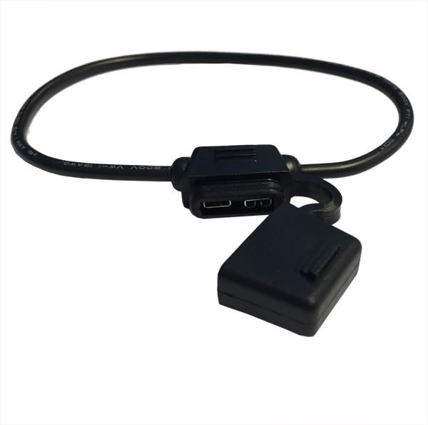 Inline Fuse Holder for tail lifts, featuring a black cable with a plug and connector, designed for secure and efficient electrical connections in commercial vehicle applications.