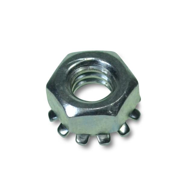 Close-up of a 6mm Kep Nut, designed for Whiting Shutter Doors, highlighting its metal construction and suitability for commercial trailer hardware.