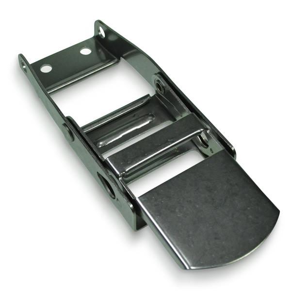 Stainless Steel Over Centre Buckle, featuring a metal strap with holes and a secure buckle, ideal for commercial trailer load restraint.