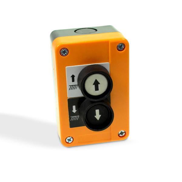 Control Box for Tail Lifts with two push buttons, compatible with Ratcliff Lifts. Suitable for industrial applications like winches and tail lifts.