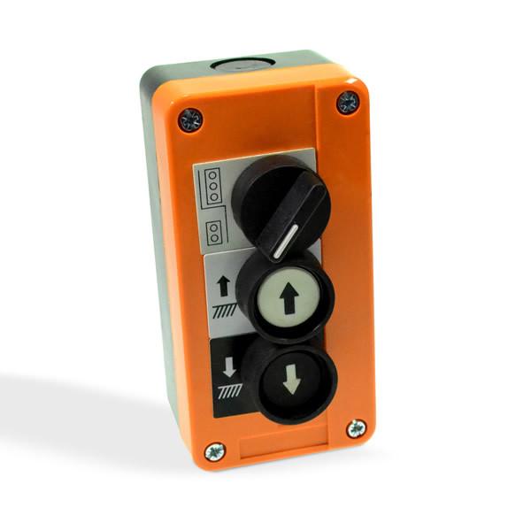 Control Box for Tail Lifts - Yellow Three Button, designed for Ratcliff Tail Lifts, featuring a close-up of its functional push and selector buttons.