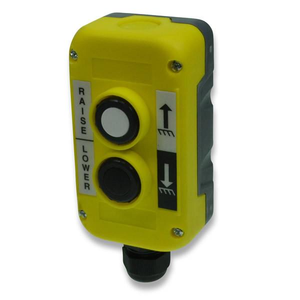 Yellow Tail Lift Control Box - Two Way, featuring dual push buttons and a cable gland at the bottom for industrial lift use.