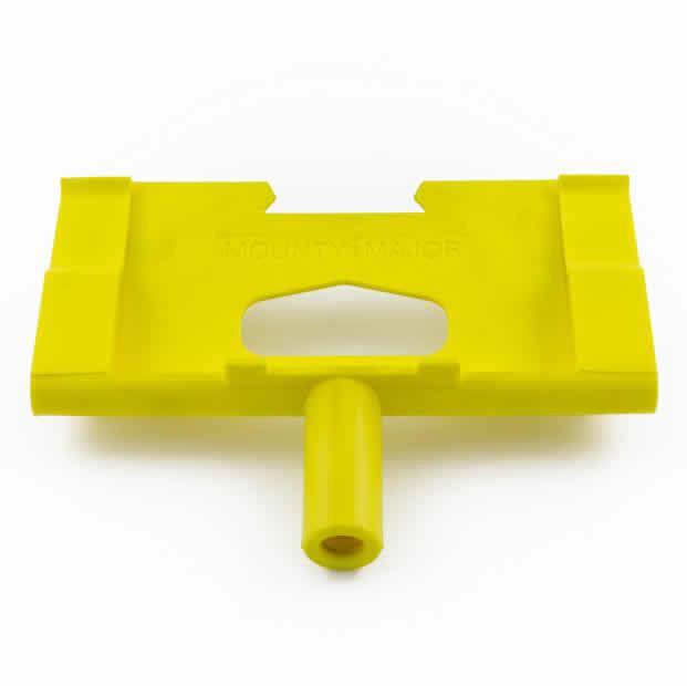 Mounty Major Head, a yellow plastic tool with a handle and triangular hole, designed for secure load restraint on commercial trailers.