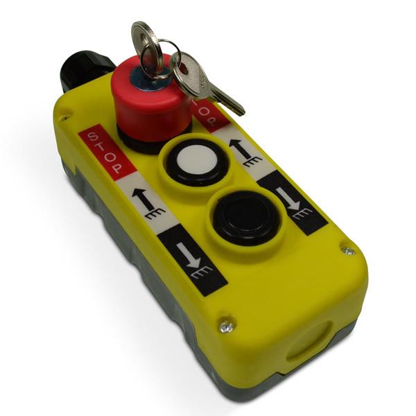 Three Button Mafelec Style Control with Key Release Emergency Stop, featuring a yellow remote and control box, suitable for commercial vehicle use. Includes pair of keys.