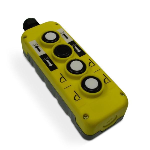 Four Button Mafelec Style Control Box with black buttons, featuring magnets for secure attachment, ideal for controlling large commercial trailer equipment.