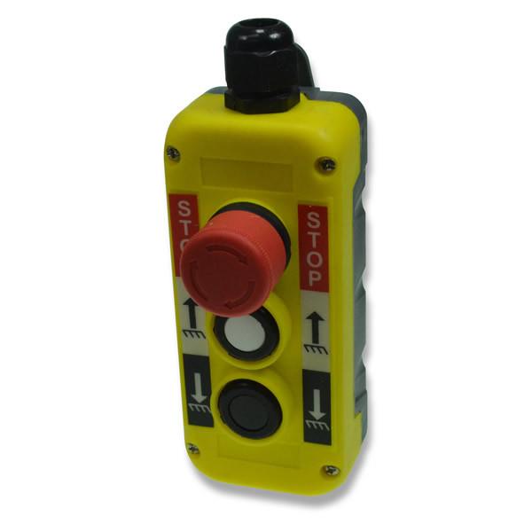 Yellow Push Button Station - Three Way for industrial lifts, featuring up, down, and emergency stop buttons, ideal for tail lifts and winches.