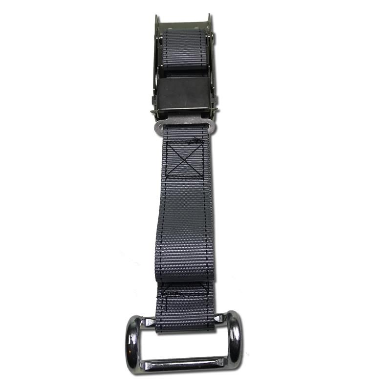 Stainless Steel Locking Overcentre Buckle Assembly with grey strap, featuring a metal clasp and polyester webbing, ideal for commercial trailers.