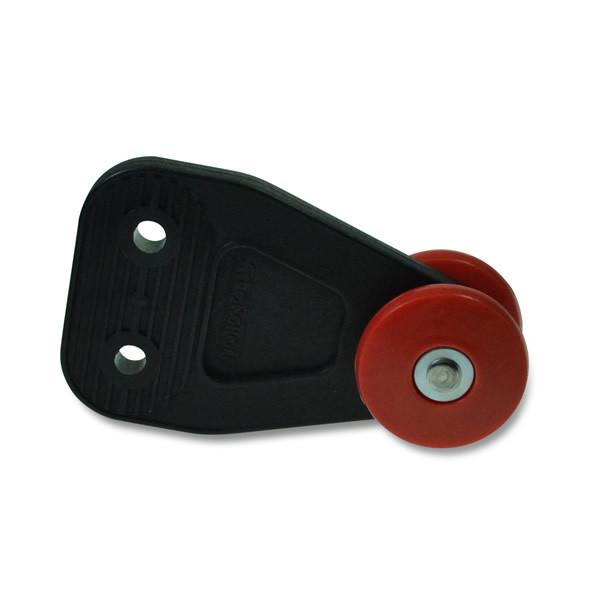 Red Stronghold Curtain Roller with a close-up view of its sturdy wheels, designed for heavy-duty use in commercial trailers.