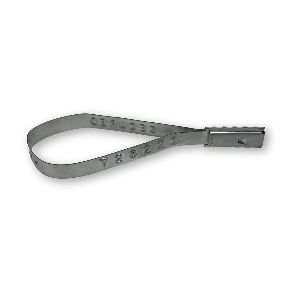 Metal Security Seals (per 100), featuring a metal strap with numbers for tamper resistance. Ideal for securing shipments, approved by shippers and government agencies.