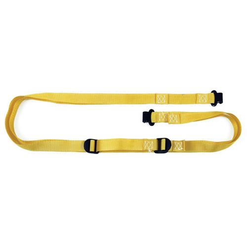 Trailer Board Strap (pair) featuring a 25mm wide yellow strap with heavy-duty plastic buckles and plastic-coated 'J' hooks for secure trailer attachment.