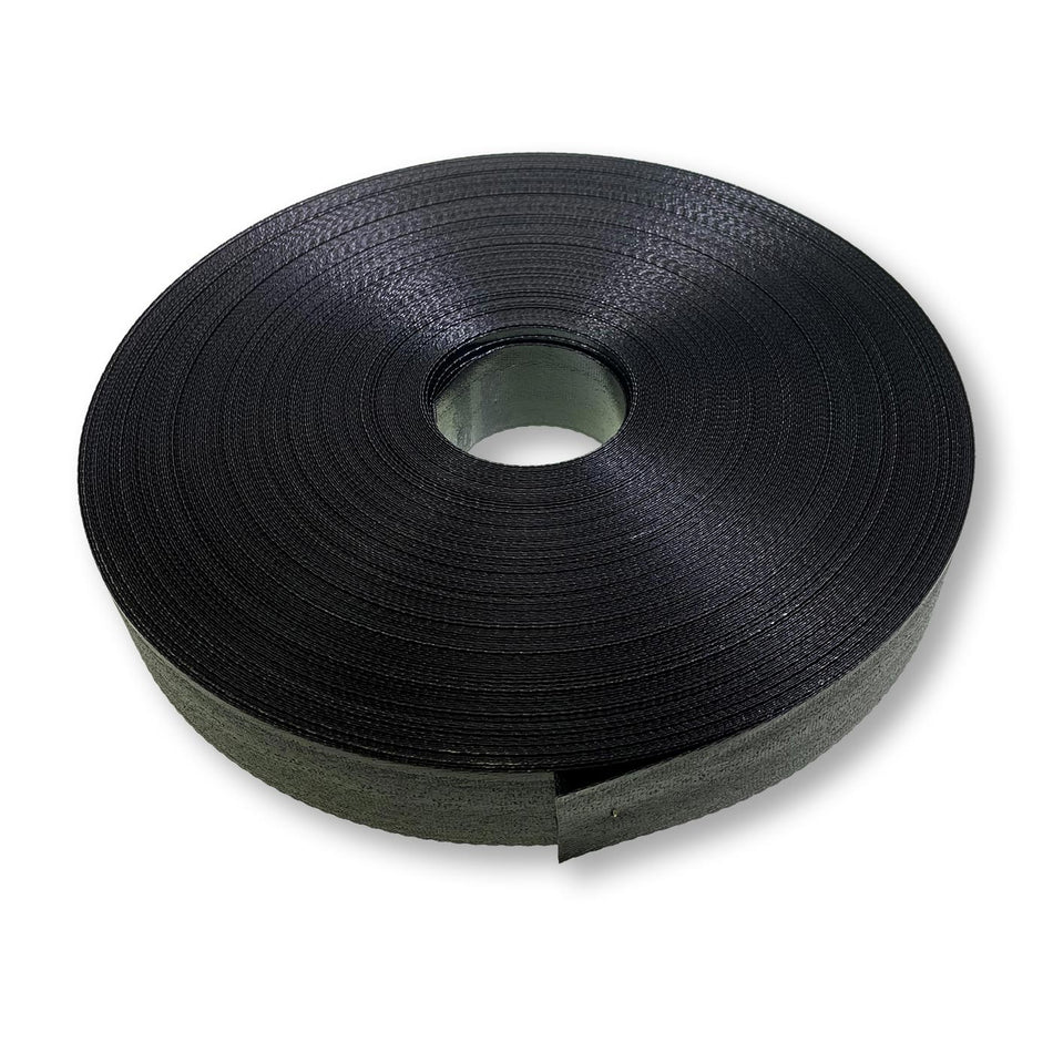 Weldable Webbing, 100 metre roll, 50mm wide, suitable for commercial trailers and vehicles. Close-up view of the durable black tape roll.