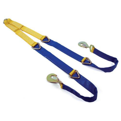 Webbing Winch Brothers strap with hooks and durable PVC sleeve, featuring snap hook end fittings and delta rings for adjustable length, ideal for heavy-duty trailer use.