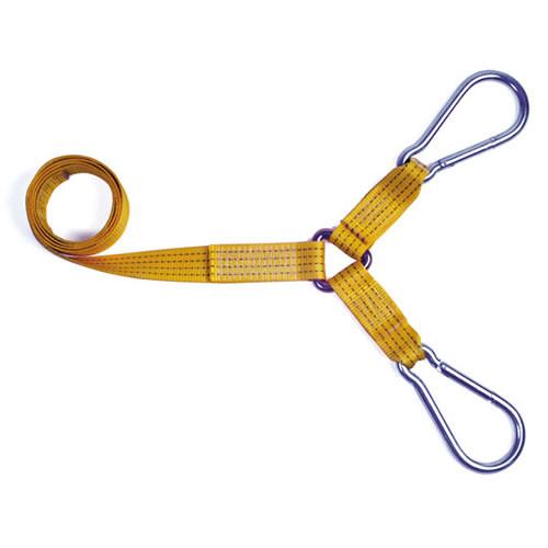 Spec Lift Strap with metal hooks for securing vehicles on lift frames, featuring a 2-meter length and 3000 daN minimum break force.